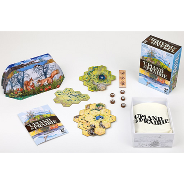 Upland & Prairie components laid out: box, rulebook, map tiles, screens, wooden discs and bag