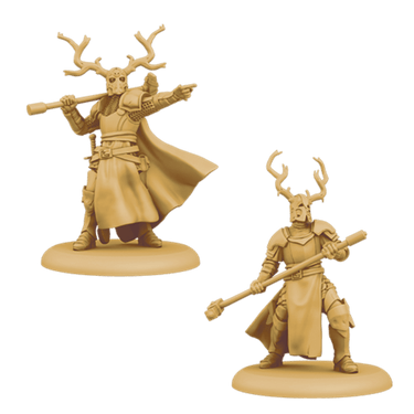 Miniatures of Stag Knights from A Song of Ice & Fire tabletop war game by CMON Limited, featuring detailed knight figures in a unit box.