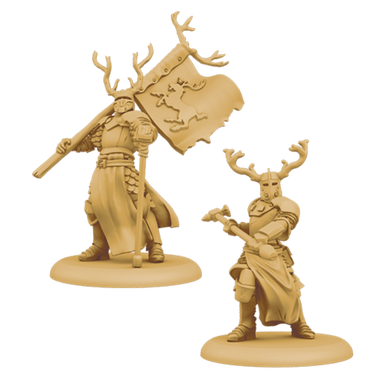 Miniatures of Stag Knights unit from A Song of Ice & Fire tabletop war game by CMON Limited, shown in a box set.