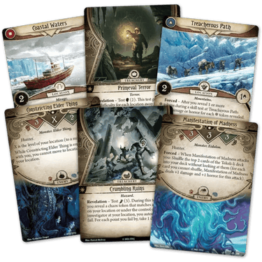 Arkham Horror: The Card Game Edge of the Earth campaign expansion by Fantasy Flight Games, featuring game cards and artwork.