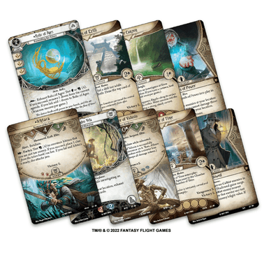 Arkham Horror: The Card Game The Forgotten Age campaign expansion box with artwork and game components from Fantasy Flight Games