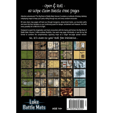 Open page of the Big Book of Battle Mats Volume 2 by Loke Battle Mats, showing detailed RPG battle map illustrations.