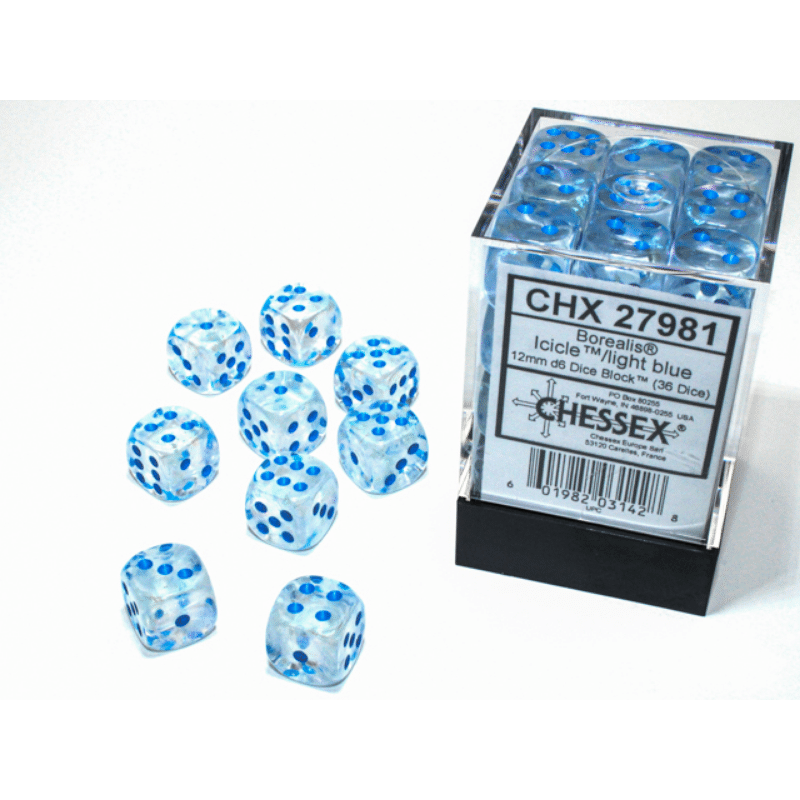 Borealis Icicle & Light Blue Luminary 36x D6 Dice Set (12mm)