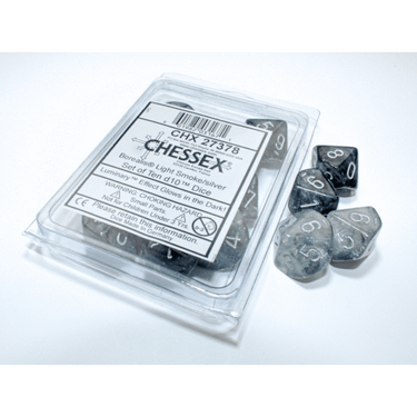 Set of ten Chessex Borealis Light Smoke and Silver Luminary D10 dice for tabletop gaming, featuring smoky translucent and metallic silver design.