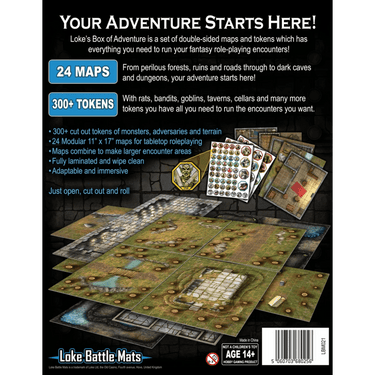 Loke Battle Mats Box of Adventure Valley of Peril RPG game box with colorful fantasy terrain artwork.
