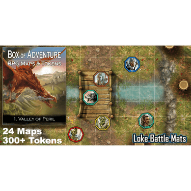Loke Battle Mats Box of Adventure Valley of Peril RPG game set with colorful map and adventure-themed artwork on the box.