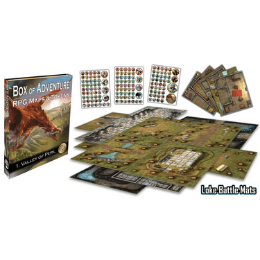 Loke Battle Mats Box of Adventure Valley of Peril RPG game set with illustrated box cover featuring fantasy landscape and adventure scene.