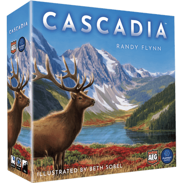 Abstract board game Cascadia by Alderac Entertainment Group featuring colorful geometric patterns and game pieces on a natural background.