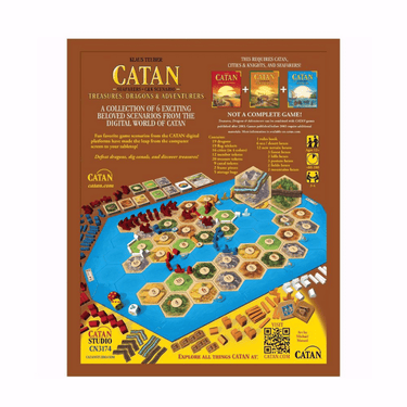 Catan: Treasures, Dragons & Adventurers family game box featuring colorful illustrations of dragons, adventurers, and treasure chests.