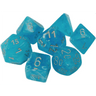 Chessex Luminary Sky 7-piece polyhedral dice set with vibrant, glowing blue and purple colors for tabletop gaming.