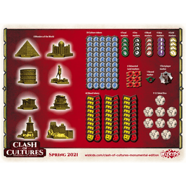 Strategic board game Clash of Cultures: Monumental Edition by WizKids featuring detailed game components and colorful artwork.