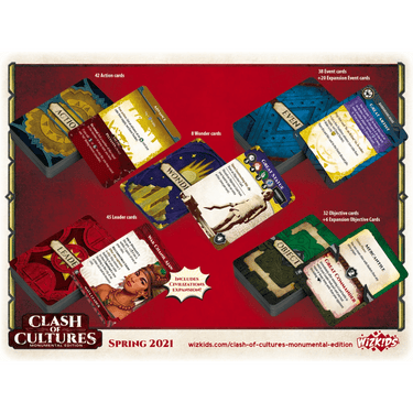 WizKids Clash of Cultures: Monumental Edition strategy game box with artwork and game components displayed.