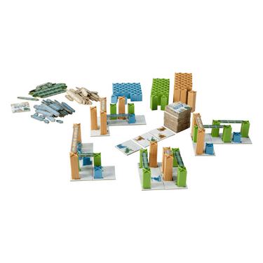 Strategic Blue Orange Cloud City game board with colorful tiles and pieces for engaging city-building gameplay.