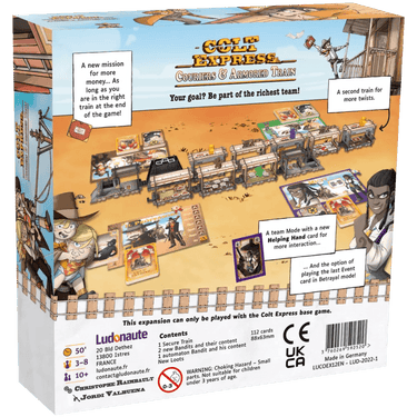 Ludonaute Colt Express family game box featuring couriers and an armored train model for gameplay.