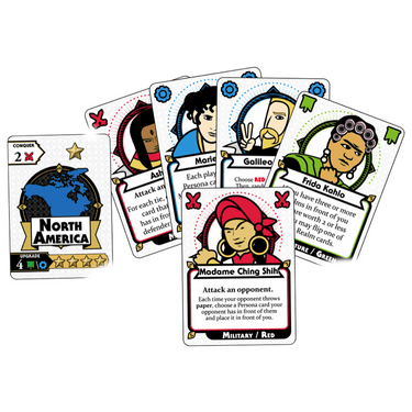 Image of the strategy game Conflicting Legends by Indie Boards & Cards, showing the game box and colorful cards on a table.