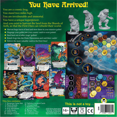 Cosmic Frog strategy game box by Devious Weasel Games featuring colorful frog illustrations and cosmic-themed artwork.