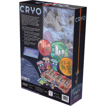 Image of the strategy game Cryo by Z-Man Games, featuring colorful game components and a detailed game board layout.