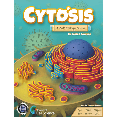 Cytosis cell biology strategy game by Genius Games featuring colorful game board and molecular structures design.