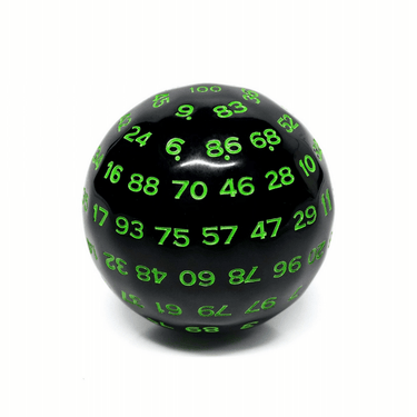 Black and green D100 dice set from Dice 4 Friends, featuring a large 100-sided die and matching smaller dice for tabletop gaming.