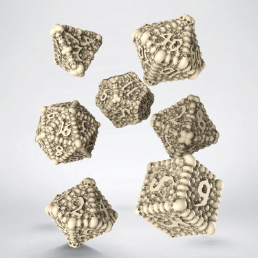 Set of black and white macabre-themed dice from Q Workshop's Dice Macabre Dice Set, featuring detailed, spooky designs.