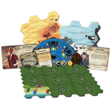 A detailed image of the "Discover: Lands Unknown" strategy game box by Fantasy Flight Games, featuring colorful landscape artwork.