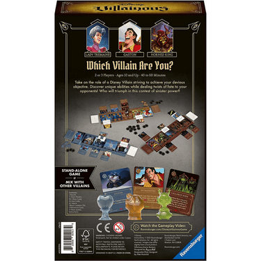 Disney Villainous: Despicable Plots family game box by Ravensburger with colorful villain characters and game components inside.