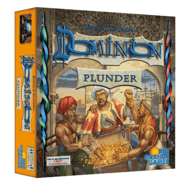 Image of Dominion: Plunder strategy game by Rio Grande Games, featuring game components and colorful artwork on the box.