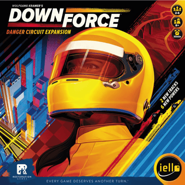 Downforce Danger Circuit family game by IELLO featuring a colorful racing-themed board and game pieces.