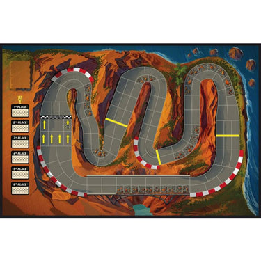 Family racing game Downforce: Danger Circuit by IELLO featuring colorful race cars and game components on a table.