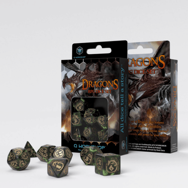 Q Workshop Dragon Dice Set with bottle green and gold dice, featuring intricate dragon-themed designs for tabletop gaming.