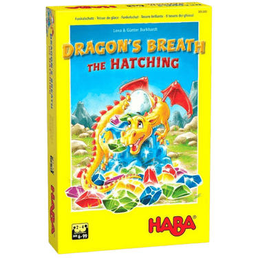 HABA Dragon's Breath: The Hatching children's game with colorful dragon-themed game pieces and a playful setup.
