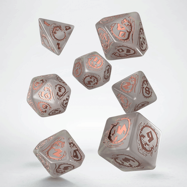 Q Workshop Dragons Dice Set with quartz-colored polyhedral dice, featuring detailed dragon engravings for tabletop gaming.