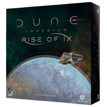 Dune: Imperium – Rise of Ix strategy game by Dire Wolf featuring game box, components, and artwork on the cover.