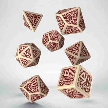 Dwarven Dice Set by Q Workshop with beige and burgundy resin dice for tabletop gaming and role-playing games.
