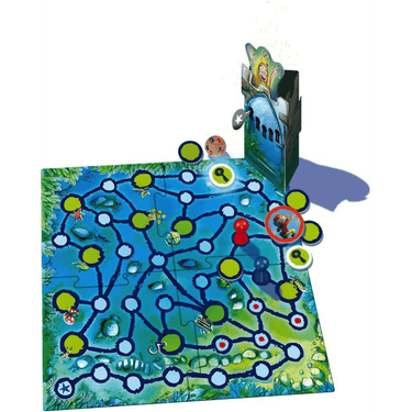 Children's game tin box titled The Enchanted Tower by Drei Magier Spiele, featuring colorful fantasy tower artwork on the lid.