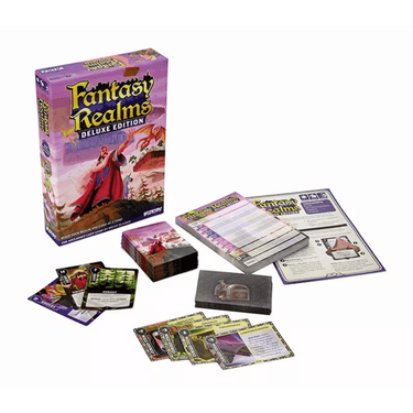 Fantasy Realms Deluxe Edition strategy game by WizKids featuring colorful fantasy-themed artwork and game components.