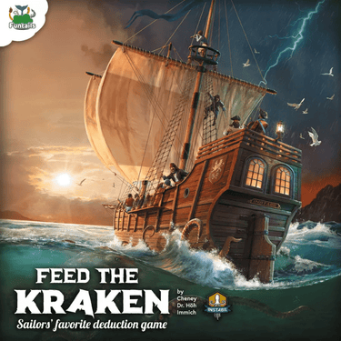 Strategy game box titled "Feed the Kraken" by Funtails, featuring colorful artwork of a giant kraken and players around a game board.