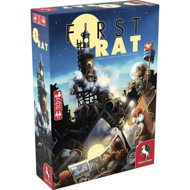 Image of the First Rat family game by Pegasus Spiele, featuring colorful game components and playful rat-themed illustrations.
