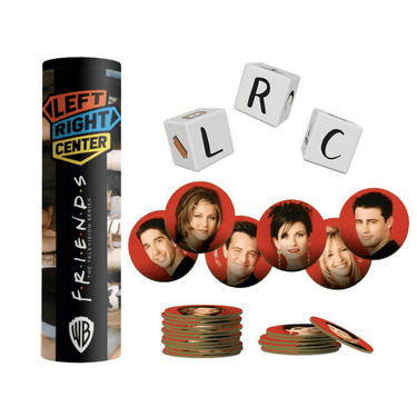 Friends Left Right Center party game by The Op Games featuring colorful poker chips and dice for social fun.