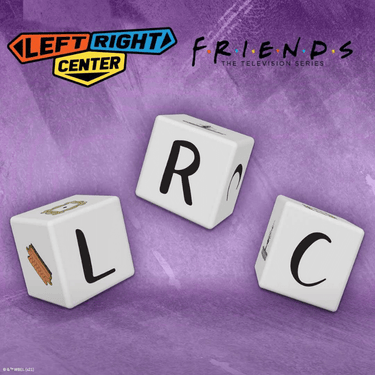 Friends Left Right Center party game by The Op Games, showing colorful chips and game components on a table.