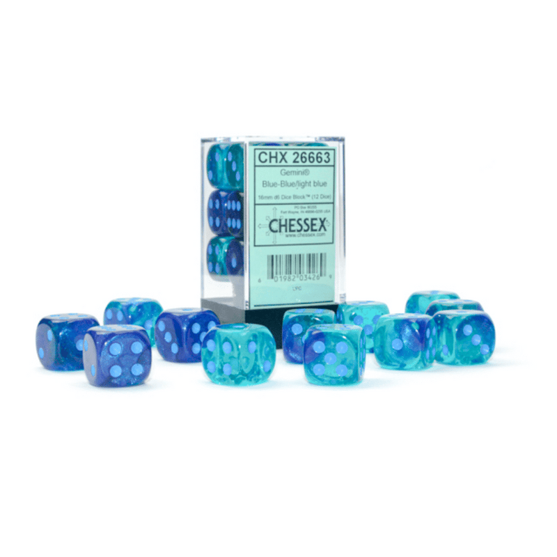 Gemini 16mm d6 Blue-Blue/light blue Luminary Dice Block (12 dice)