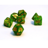 Pearl dice set with grass green and gold dice from Dice 4 Friends, featuring a mix of shiny pearl and metallic finishes.