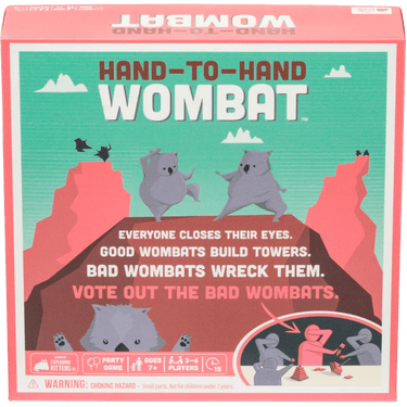 Exploding Kittens Hand-to-Hand Wombat party game card featuring a playful wombat illustration for fun gameplay.