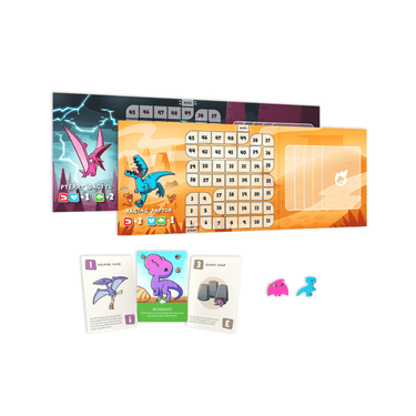 Happy Little Dinosaurs 5-6 Player Expansion for Unstable Games party game, showing colorful dinosaur cards and game components.