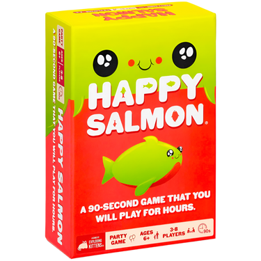 Happy Salmon party game by Exploding Kittens, featuring colorful cards with fun salmon illustrations for group play.