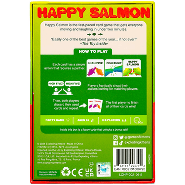 People playing Happy Salmon party game by Exploding Kittens, showing colorful character cards and lively interaction.