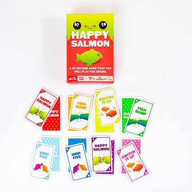 Exploding Kittens Happy Salmon party game with colorful cards featuring fun fish characters for quick, energetic gameplay
