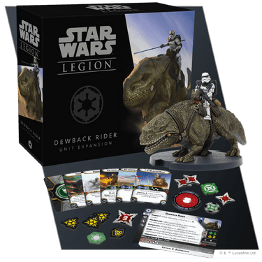 Imperial Dewback Rider unit expansion for Star Wars: Legion war game by Fantasy Flight Games, featuring armored dewback and rider figures.