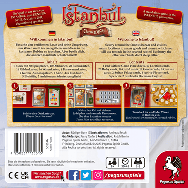Istanbul: Choose & Write family game by Pegasus Spiele featuring colorful game components and a game board with tiles.