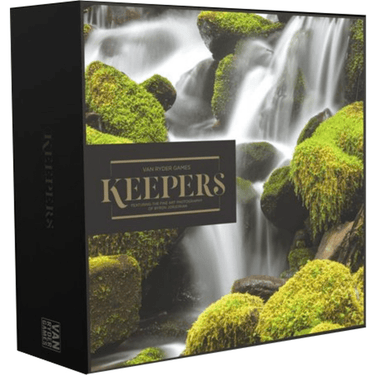 Van Ryder Games Keepers strategy game box with colorful artwork and game components on a table.